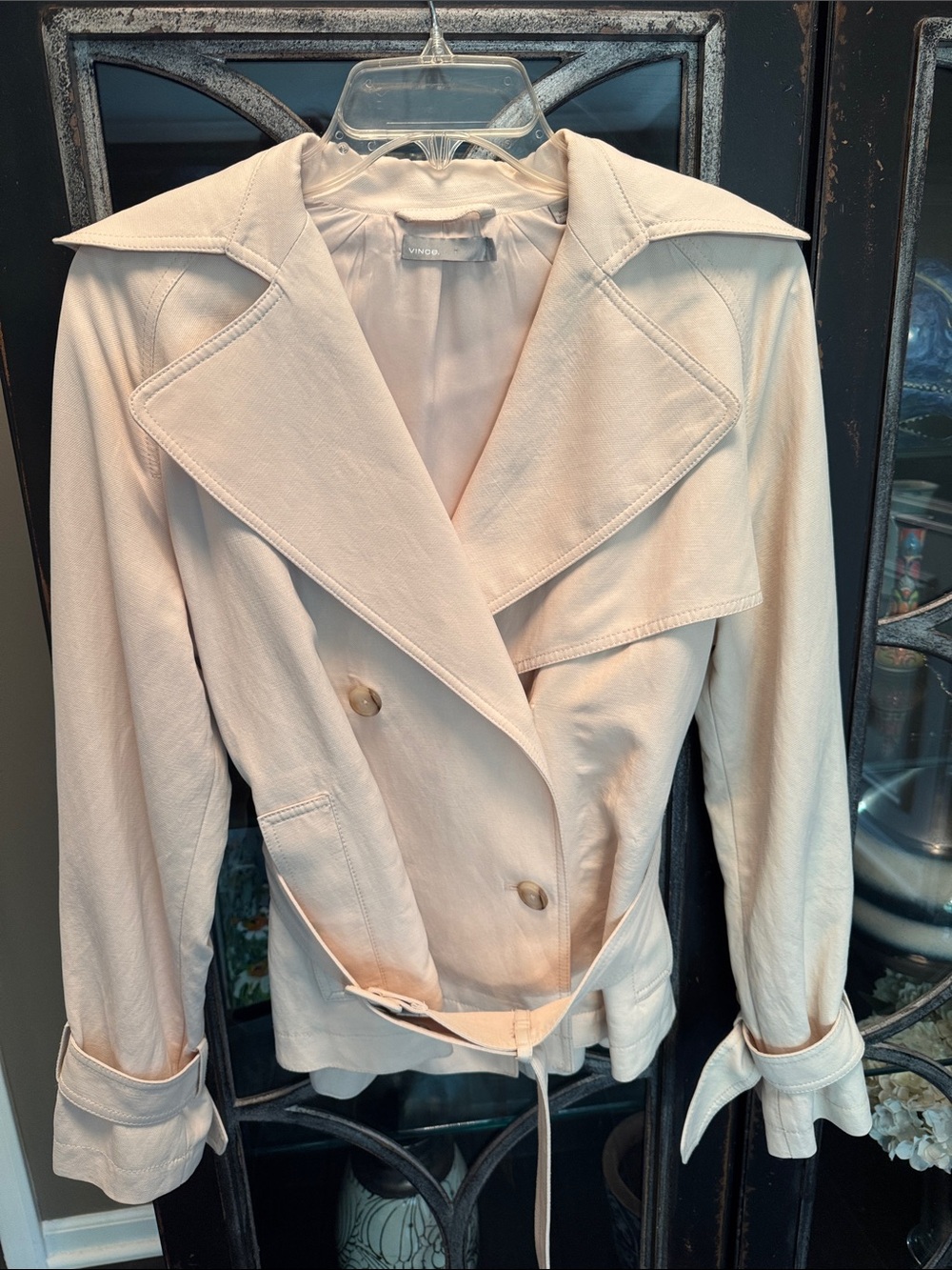 Vince Cream Double-Breasted Trench Coat with Waist Tie